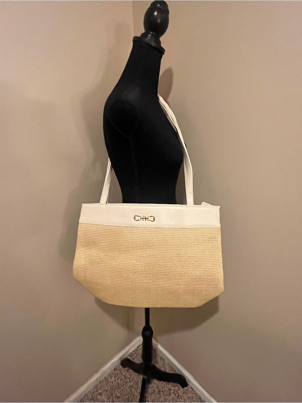 Etienne Aigner Beige and White Straw Tote with Gold Accent